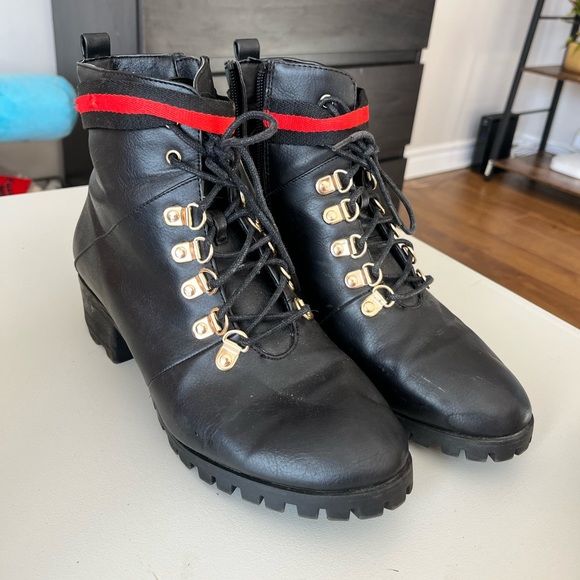 Black heeled boots with red and gold accents - Picture 3 of 3